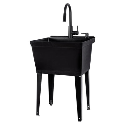Complete  22.875 in. x 23.5 in. Black 19 Gallon Utility Sink with Black Metal Hybrid High Arc Faucet and Soap Dispenser - Super Arbor
