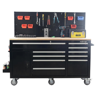 62 in. 10-Drawer Tool Chest Cabinet with Pegboard Back Wall, Heavy Duty Mobile Workbench in Black - Super Arbor