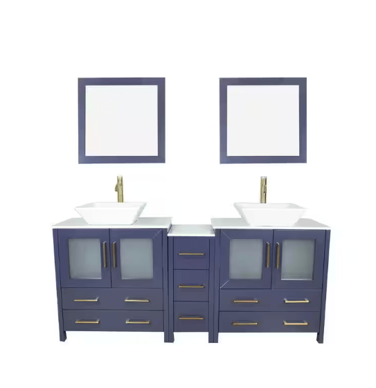 Ravenna 72 in. W Double Basin Bathroom Vanity in Blue with White Engin ...