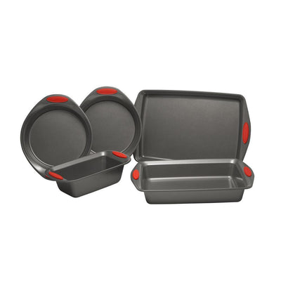 5-Piece Set Yum-o! Nonstick Oven Lovin' Bakeware Set, Gray with Red Handles - Super Arbor