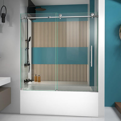 Enigma-X 55 to 59 in. x 62 in. Frameless Sliding Tub Door in Brushed Stainless Steel - Super Arbor